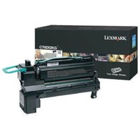 Lexmark C792X1CG cyan toner cartridge, black casing, green handle, with branded packaging box in background.
