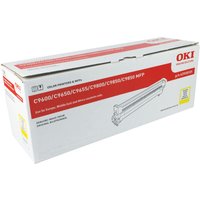 White box with red OKI branding containing Original Oki 42918105 Yellow Drum Unit for C9600/C9800 printers.