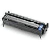 Black Original Oki 43979002 Drum Unit with blue latch and cylindrical design for laser printers.