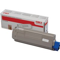 Gray OKI 44315308 black toner cartridge with blue end cap, next to branded white and red box.