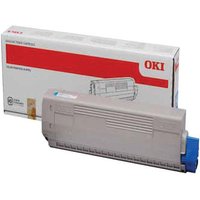 Gray OKI 44844507 cyan toner cartridge with blue cap, shown with white and red packaging box.