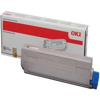 Gray OKI 44844616 black toner cartridge with blue cap, shown with branded white and red packaging box.