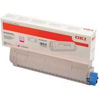 Beige OKI 46471102 magenta toner cartridge with blue cap, shown with branded packaging box.