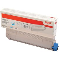Cyan OKI toner cartridge with blue cap, beige body, and branded packaging box.