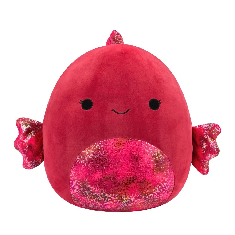 Soft plush toy in the shape of a raspberry beta fish, featuring a bright red body, shiny pink fins, and a smiling face with black eyes.