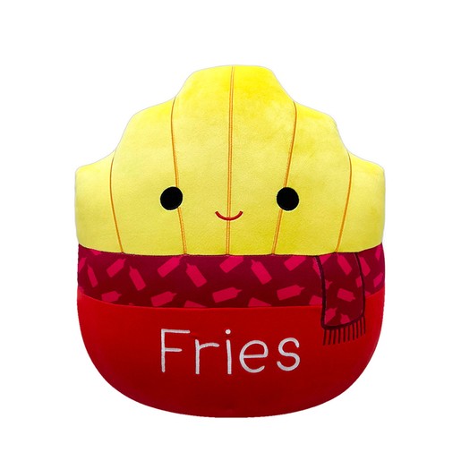 Soft plush toy shaped like a container of French fries, featuring a yellow top, red base with "Fries" text, and a smiling face, made from soft, squishy material.
