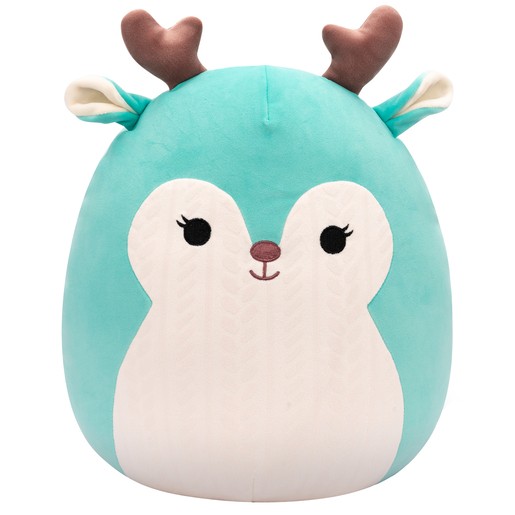 Teal soft toy resembling a fawn, featuring a rounded body, large black eyes, a small nose, and brown antlers, made from plush material for a cuddly feel.