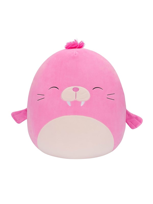 Soft, plush 20" pink walrus toy with a round body, smiling face, small tusks, and a tuft of fur on top, featuring a cream-colored belly and flipper-like arms.