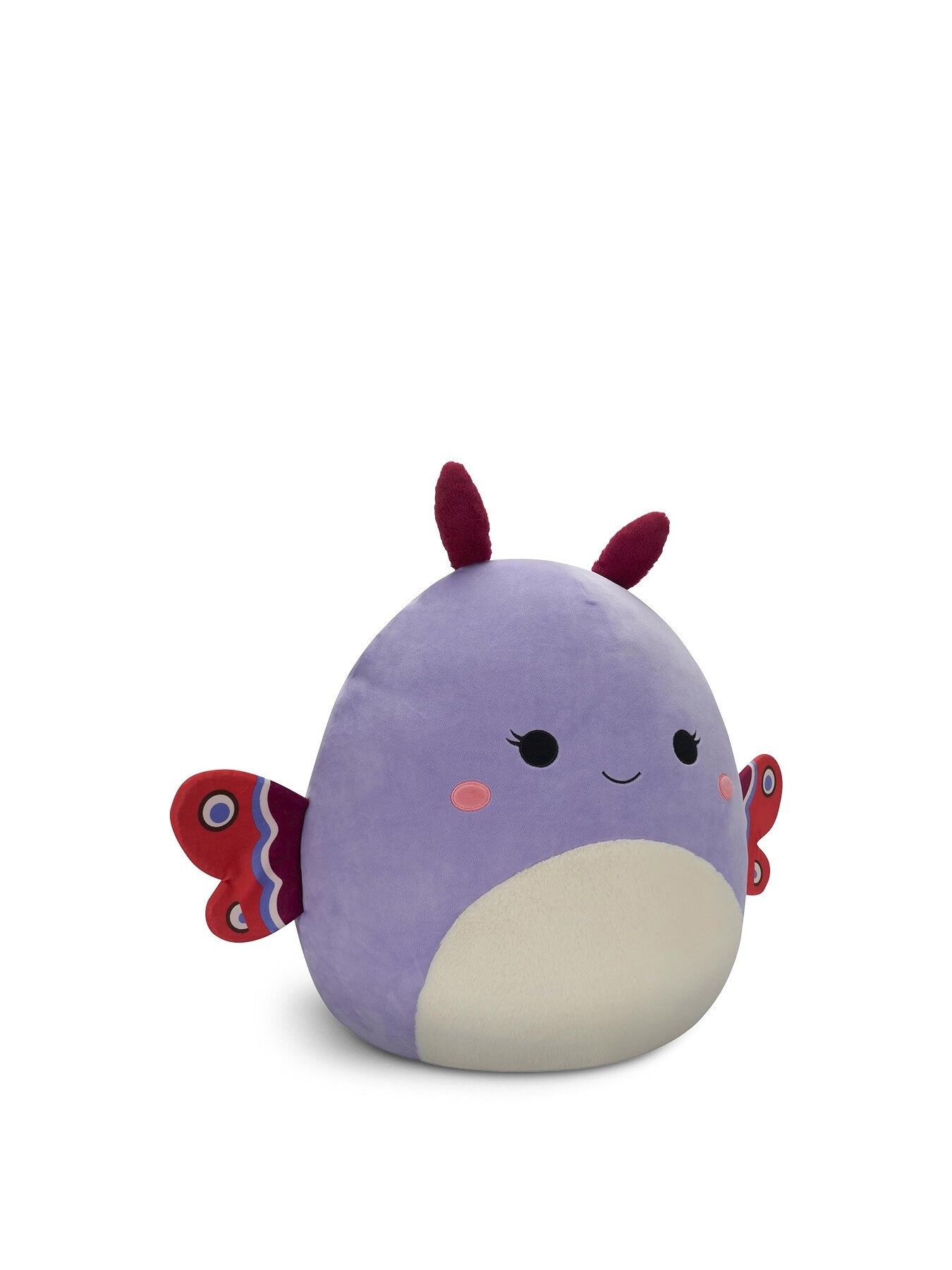 Soft lavender plush toy shaped like a moth, featuring red and blue patterned wings, smiling face, and small antennae, perfect for cuddling.
