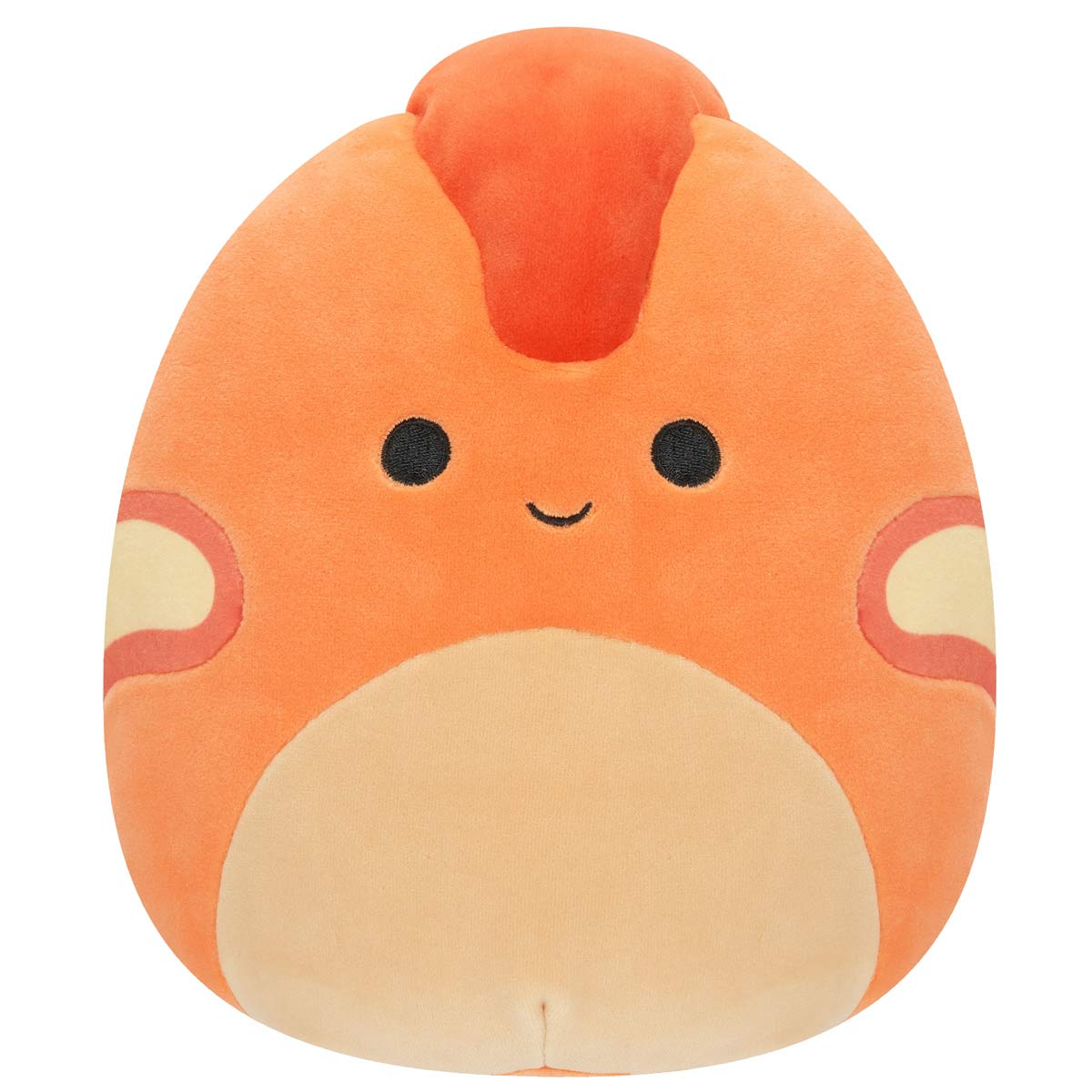 Soft orange plush toy shaped like Nichelle the Parasaurolophus, featuring a rounded body, a smiling face, and a tufted head crest in a darker orange shade.