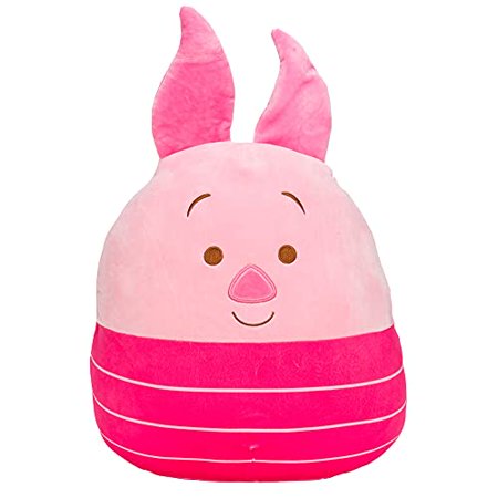 Soft pink Piglet plush toy with large ears, a smiling face, and a striped pink and white body, made from squishy, velvety material, measuring 14 inches tall.
