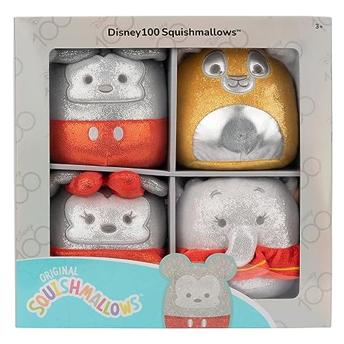 Four soft, plush Squishmallows in a box set featuring a silver Mickey Mouse, a gray rabbit, a golden dog, and a red and silver character, all with cute facial expressions.