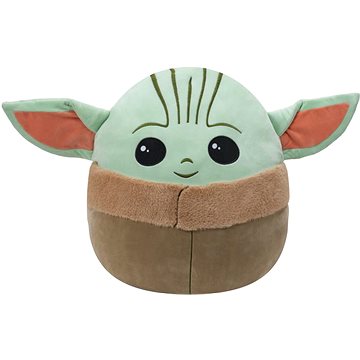 Soft, plush Grogu toy from Star Wars, featuring a green face, large black eyes, and brown robe with fuzzy texture, measuring 20 inches in height.