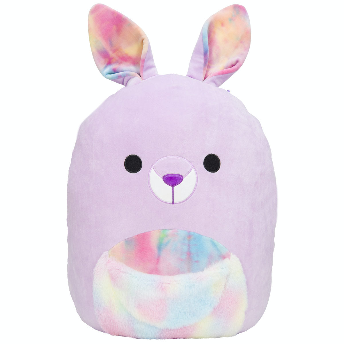 Kiki the Kangaroo is a 20-inch soft toy in pastel purple, featuring oversized ears, a cute face with black eyes, and a colorful, tie-dye pouch.