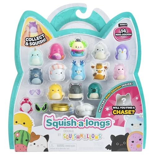 Colorful 14-pack of Squish-a-longs featuring various adorable mini-squish characters, including animals and whimsical designs, in a clear, cat-shaped packaging.