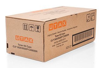 Brown cardboard box labeled "UTAX" containing cyan toner, model CLP3626, designed for 10,000 pages, with icons indicating usage and handling instructions.