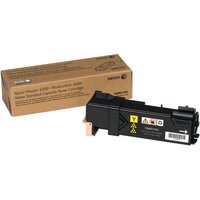 Black Xerox 106R01593 yellow toner cartridge with warning labels, next to a brown branded box.