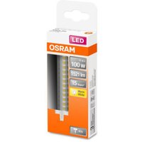OSRAM LED bulb R7s 12W 2700K in orange and white box with wattage and lumens details.