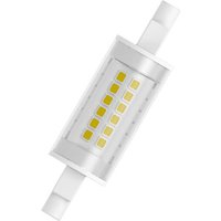 OSRAM LED bulb R7s 7W, cylindrical shape, clear casing, visible yellow LED chips, white end caps.