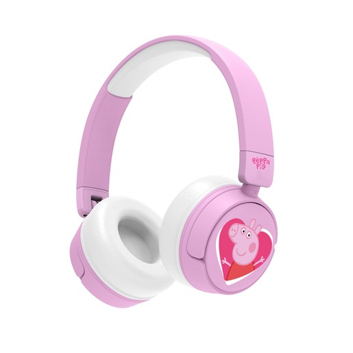 Pink wireless headphones featuring Peppa Pig on the ear cups, with soft white padding and an adjustable headband for comfort.