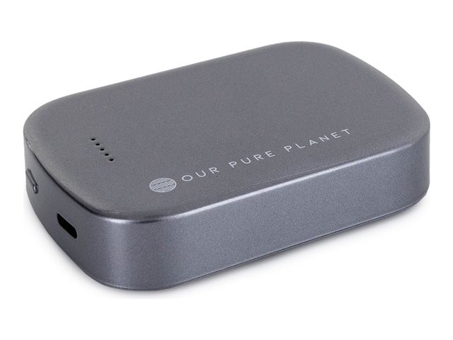 Grey 10,000mAh magnetic wireless power bank by Our Pure Planet, featuring a sleek design, logo on the top, and a USB-C port on the side for charging.