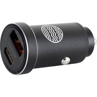 Black Our Pure Planet 36W car charger with USB-A and USB-C ports, featuring a wave logo on the side.