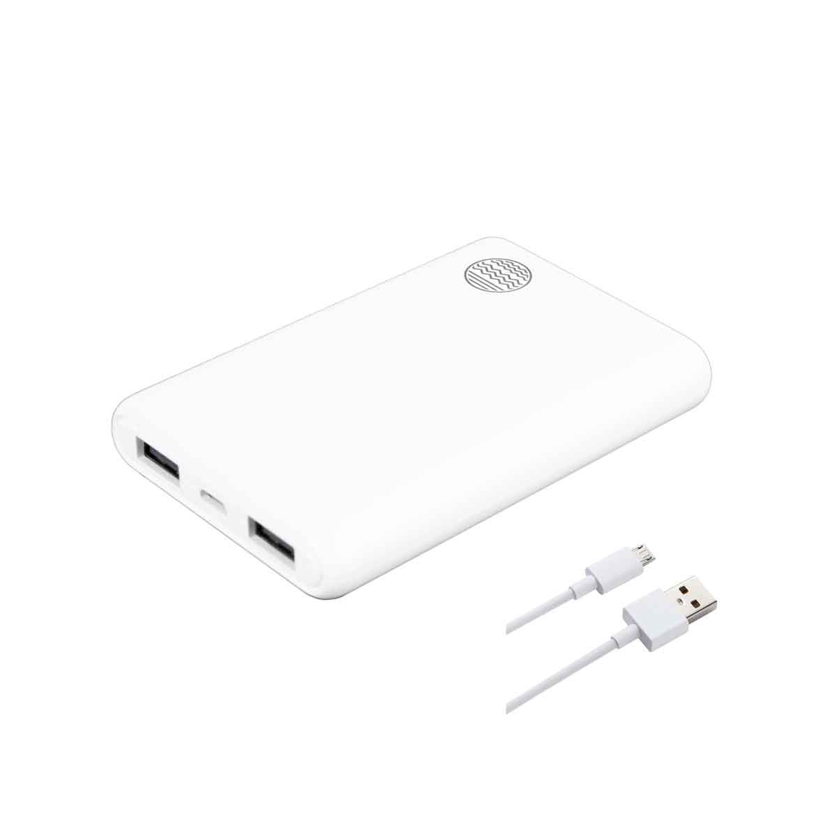 White 5,000mAh power bank with rounded edges, featuring two USB ports and a micro USB input, accompanied by a USB charging cable.