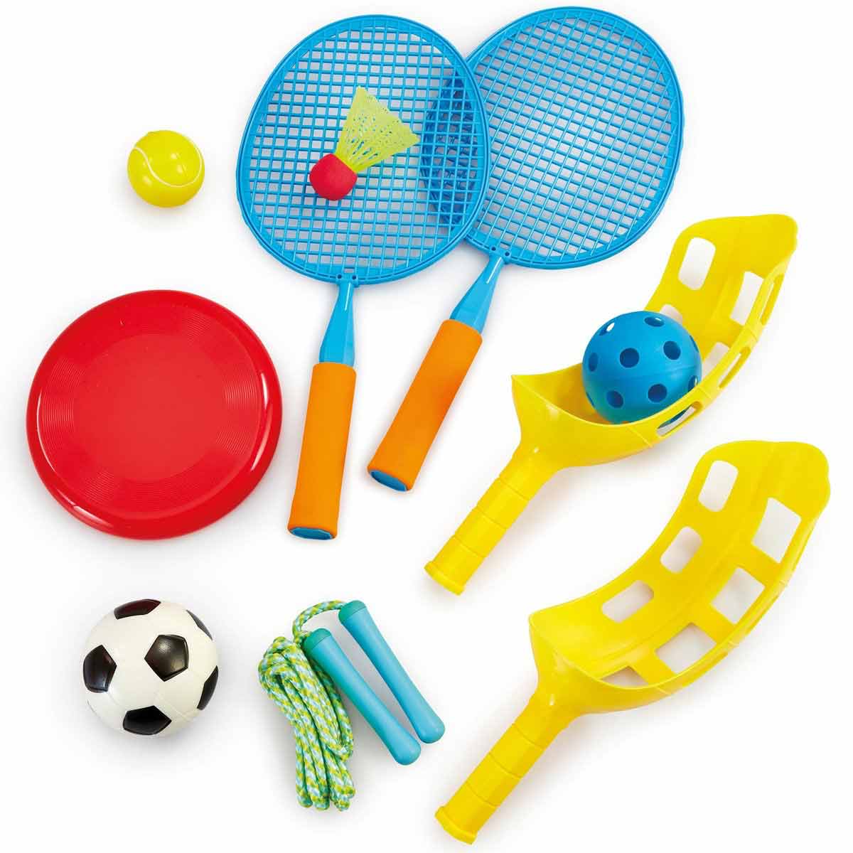 Colorful 6-in-1 games set featuring blue rackets, a red disc, yellow paddles, a green jump rope, a soccer ball, and a shuttlecock, designed for outdoor fun.