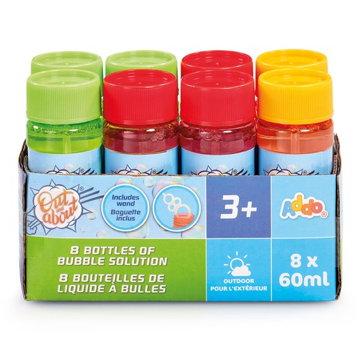 Eight colorful bottles of bubble solution in a cardboard box, featuring red, green, and blue caps, each containing 60ml, with a wand included for bubble-making.