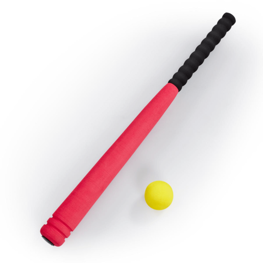 Bright red baseball bat with a black grip and a yellow foam ball, designed for safe play, suitable for young children.