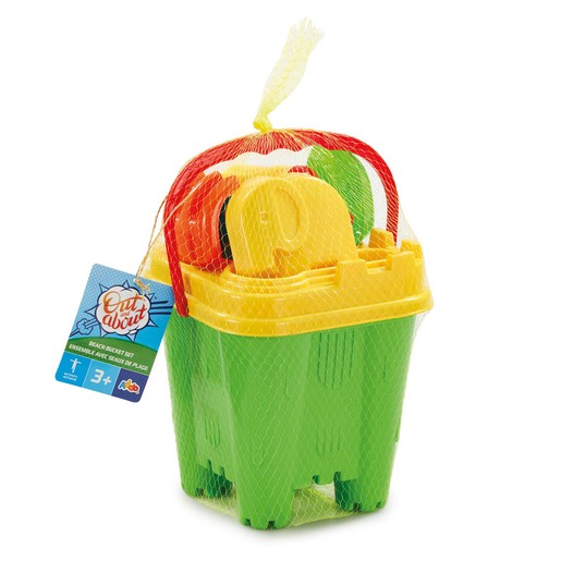 Colorful beach bucket set featuring a green bucket with a yellow lid, red and orange sand molds, and a mesh bag for easy carrying, suitable for ages 3 and up.