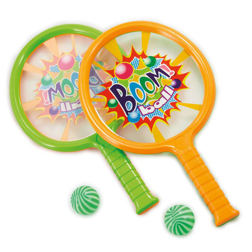 Two colorful plastic rackets in orange and green with a vibrant "Boom!" graphic, accompanied by two striped green and white balls.