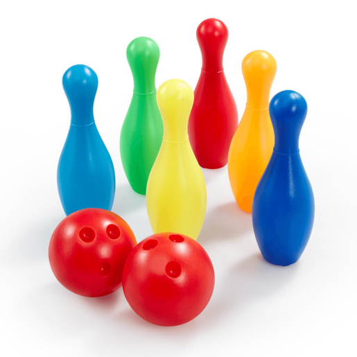 Colorful plastic bowling set featuring six pins in red, green, blue, yellow, and orange, alongside two red bowling balls with holes.