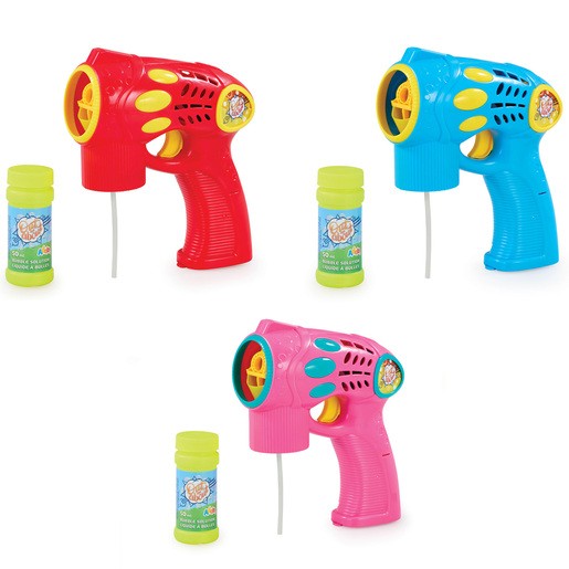 Three bubble blasters in red, blue, and pink, each with a trigger and colorful accents, accompanied by a bottle of bubble solution.