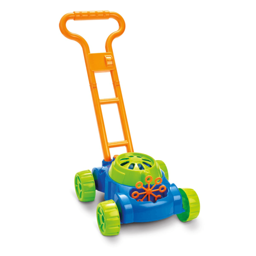 Brightly colored toy lawn mower in blue and green with an orange handle, featuring bubble-making holes and four wheels for outdoor play.