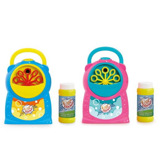 Two colorful bubble machines in blue and pink, featuring a handle, multiple bubble wands, and a bottle of bubble solution, designed for outdoor fun.