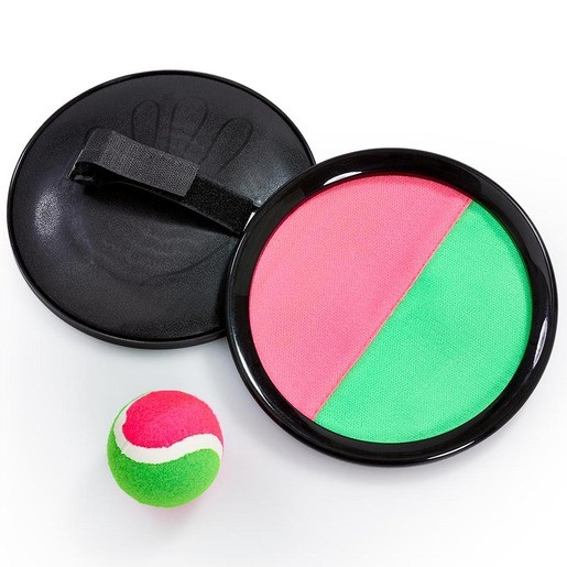 Black circular catch pads with a pink and green fabric surface, accompanied by a small, colorful tennis ball with a pink, green, and white design.