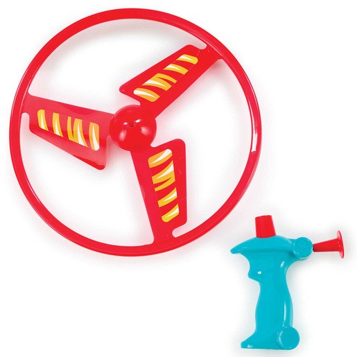 Bright red flying disc with three yellow blades and a turquoise launcher, designed for outdoor play, featuring a trigger mechanism for launching.
