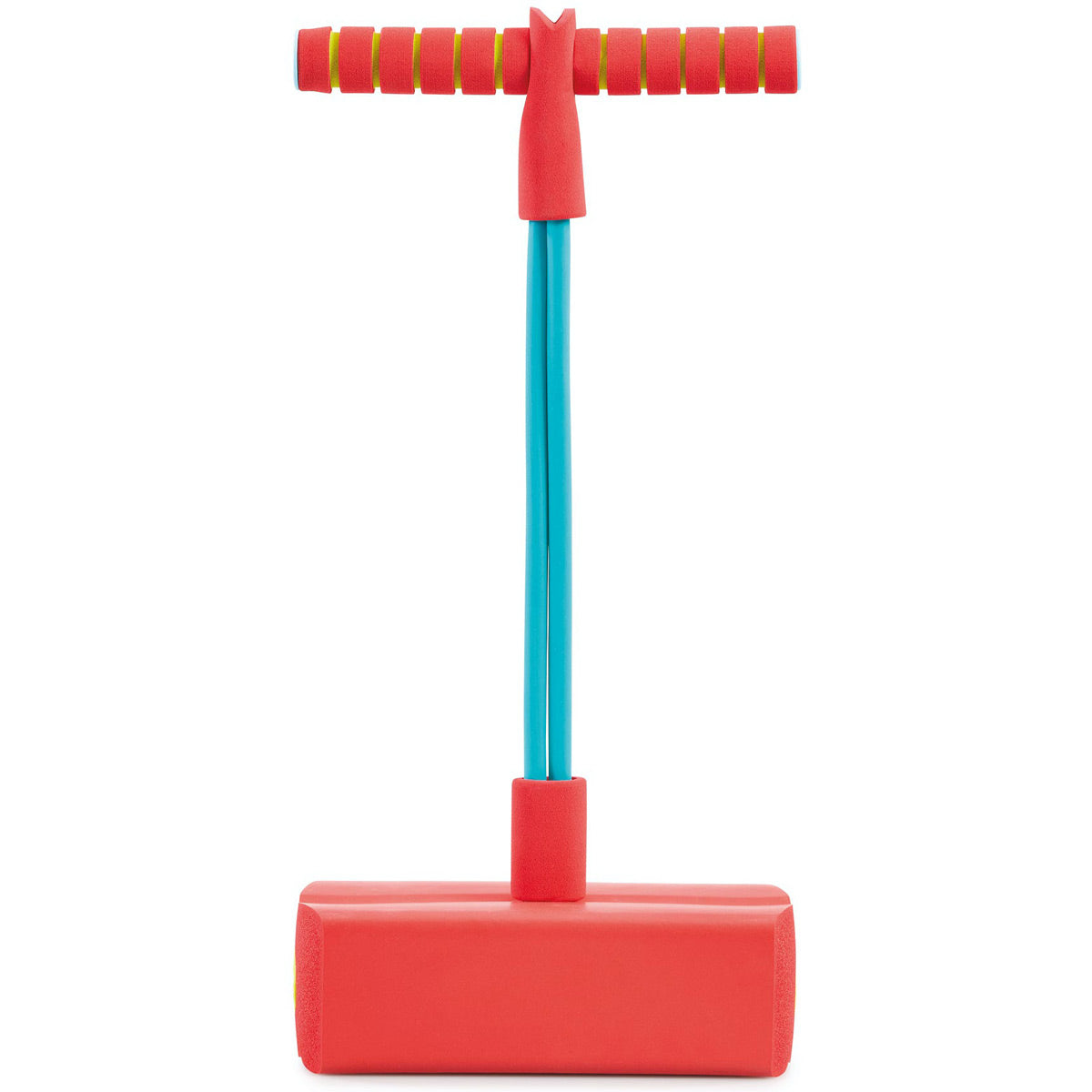 Bright red foam pogo jumper with a blue handle and yellow grip bands, featuring a wide base for stability and a sturdy design for bouncing fun.