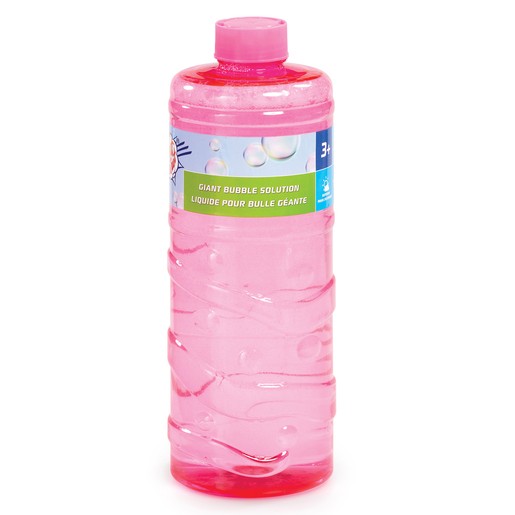 Clear plastic bottle filled with bright pink bubble solution, featuring a twist cap and a colorful label that reads "Giant Bubble Solution" with age recommendation of 3+.