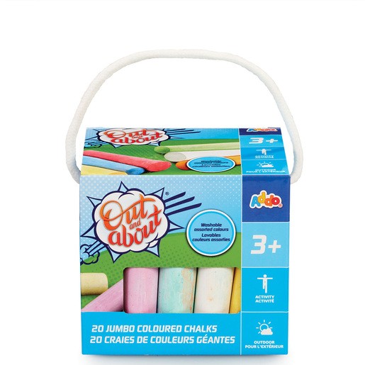 Jumbo pack of 20 washable coloured chalks in various pastel shades, featuring a sturdy handle and bright packaging with "Out and About" branding by Addo Toys.