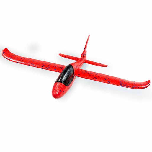 Bright red foam glider with black accents, featuring a sleek design and wide wingspan, ideal for outdoor play and easy to throw.