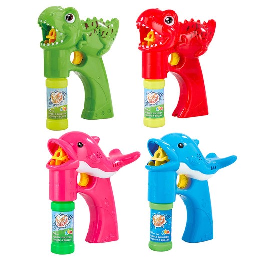 Four colorful bubble blasters in dinosaur and dolphin designs, featuring a green T-Rex, red T-Rex, pink dolphin, and blue dolphin, each with a bubble solution container.