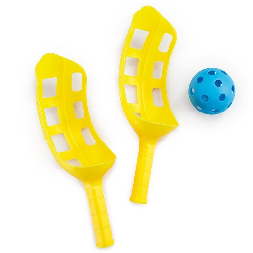 Bright yellow scoop paddles with cut-out designs and a blue perforated ball, designed for outdoor play, made from durable plastic.