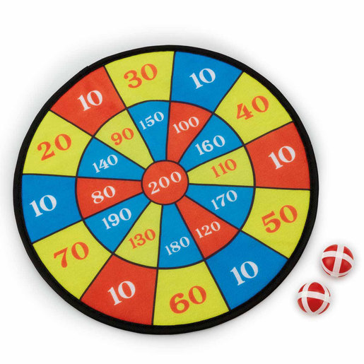 Colorful circular target game featuring red, blue, yellow, and orange segments with numbered scores, accompanied by two red and white balls.