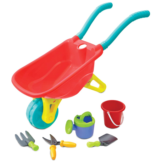 Bright red wheelbarrow with teal handles, accompanied by a green bucket, yellow spade, blue watering can, and gardening tools, all made from durable plastic.