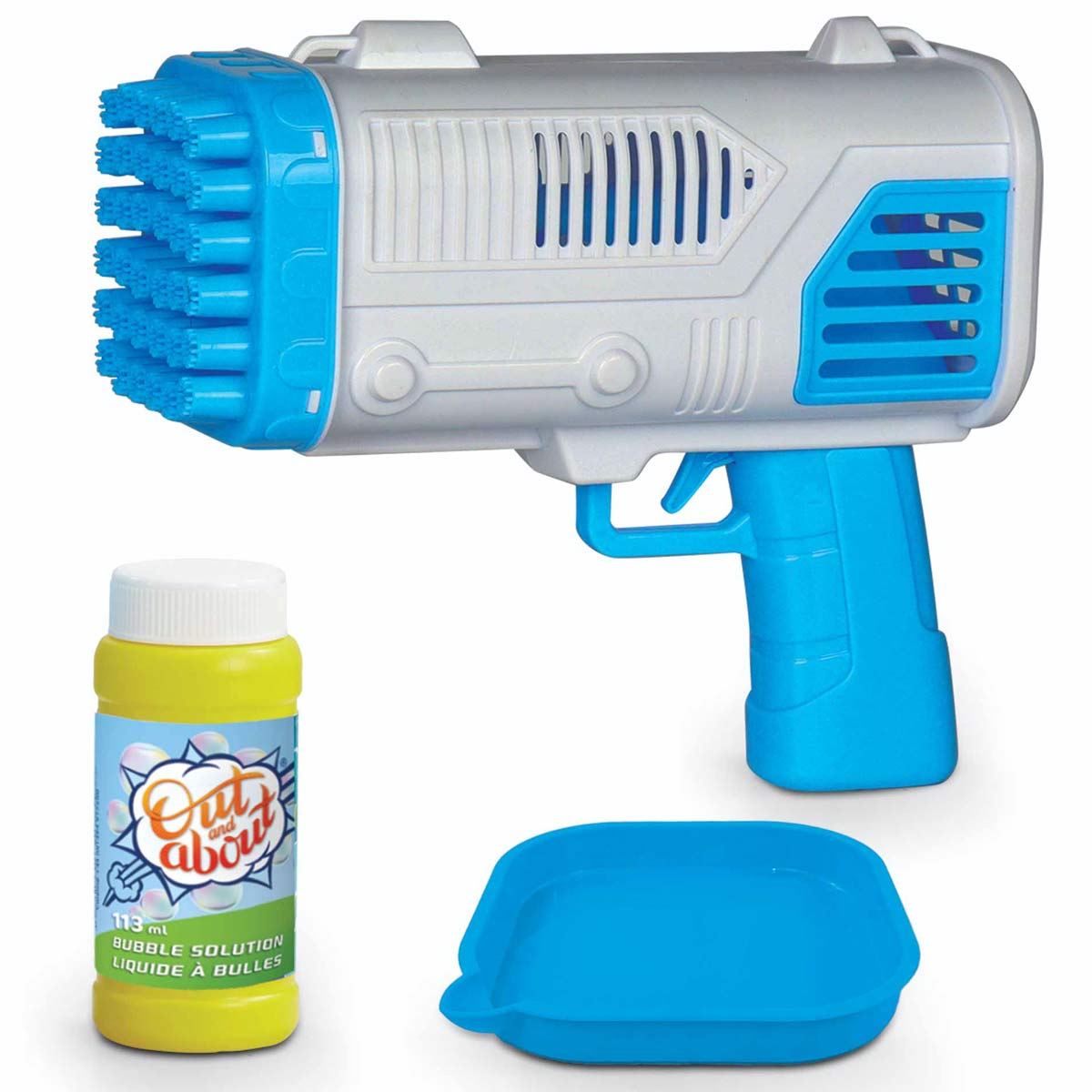 Blue and gray bubble blaster toy with multiple bubble wands, accompanied by a yellow bottle of bubble solution and a blue tray for catching bubbles.