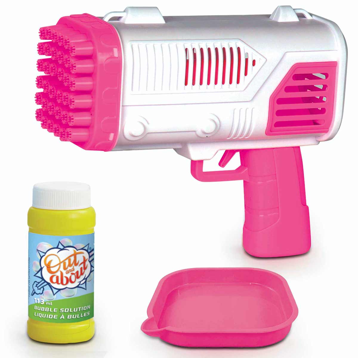 Bright pink and white bubble blaster with a textured nozzle, accompanied by a yellow bottle of bubble solution and a small tray for easy use.
