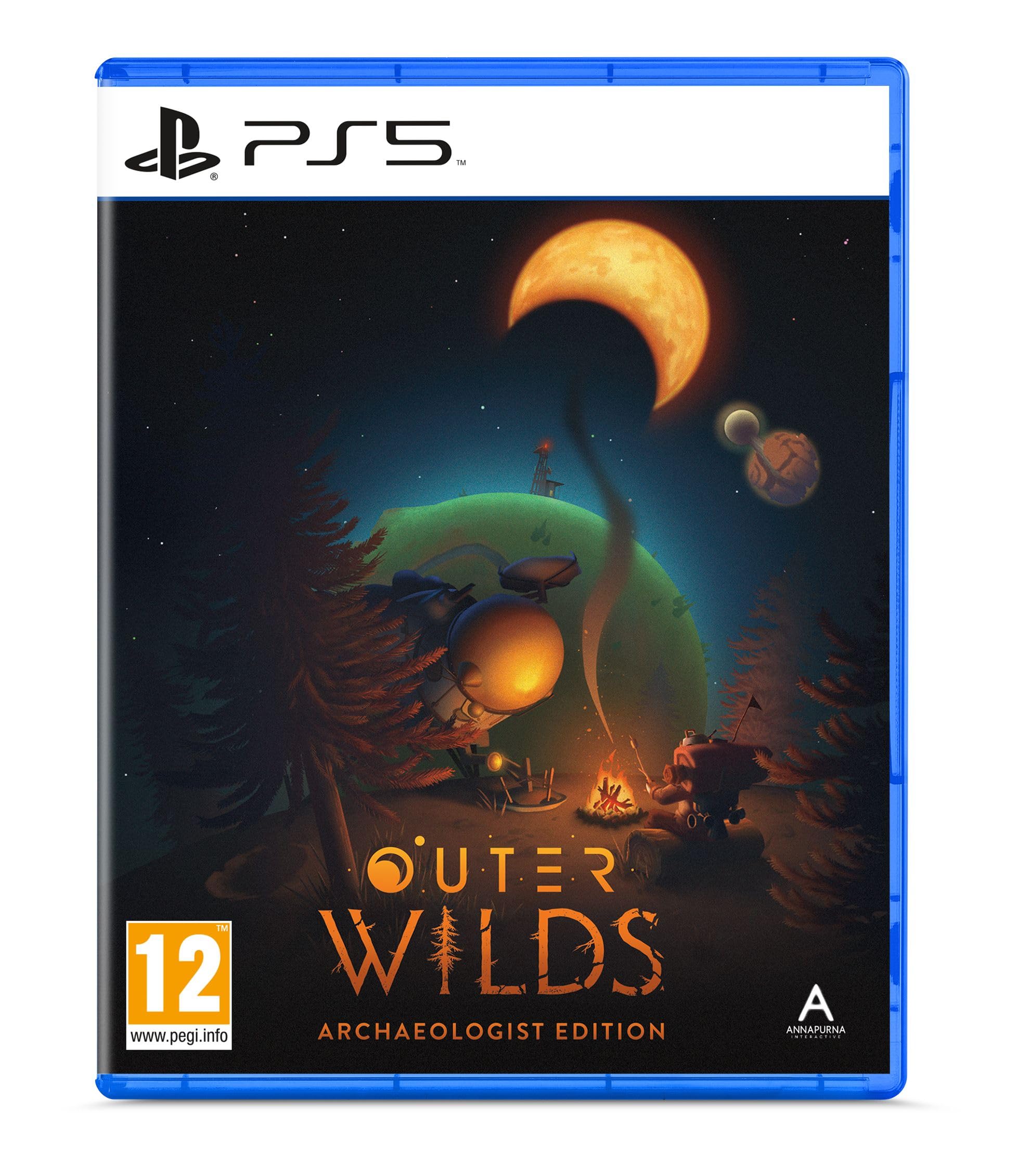 Outer Wilds: Archaeologist Edition for PS5 features a vibrant blue case with a cosmic illustration, showcasing planets and a campfire, and includes a 12+ age rating label.