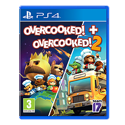 Cover art for "Overcooked! + Overcooked! 2" featuring colorful cartoon chefs, a food truck, and a whimsical landscape, with a blue PlayStation 4 case.